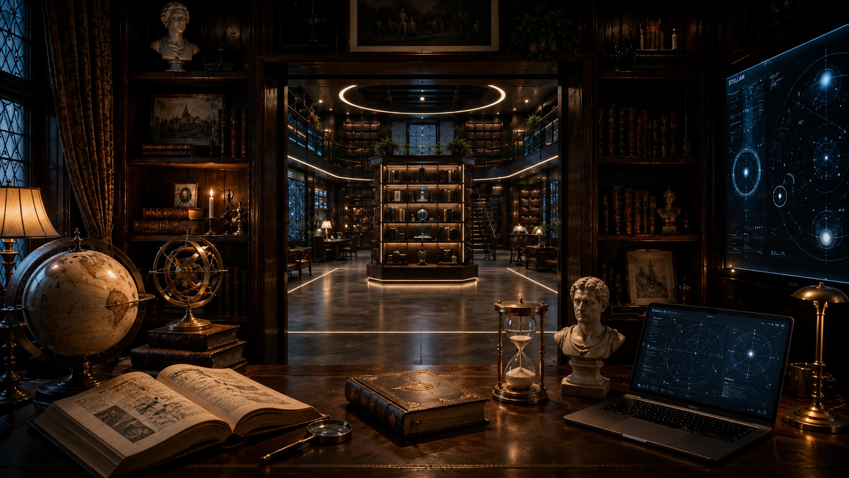 A techno-Renaissance study desk with books, globe, bust, and instruments of learning.